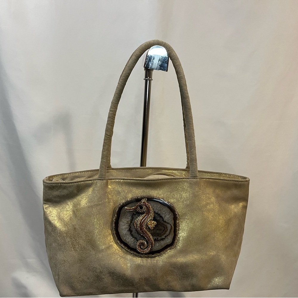 Gold Tote Bag Seahorse and Agate Slice detail. Embellished by Lynn Rosencrantz